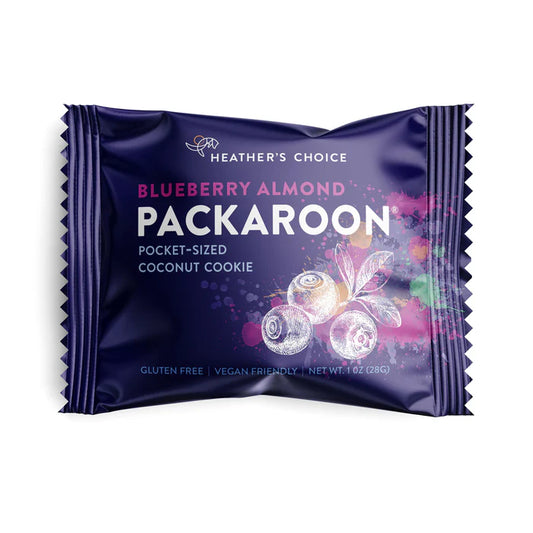 Heather's Choice Packaroons package displays Blueberry Almond flavor, highlighting gluten-free, vegan-friendly features, and 1 oz weight, ideal for on-the-go snacking.