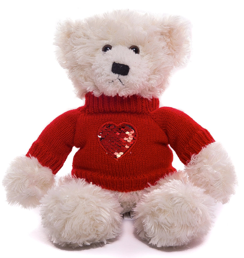 A 12-inch white teddy bear with soft, curly hair, wearing a red sweater with sequined love heart embroidery.
