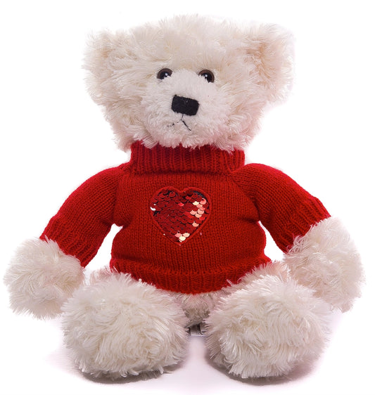 A 12-inch white teddy bear with soft, curly hair, wearing a red sweater with sequined love heart embroidery.