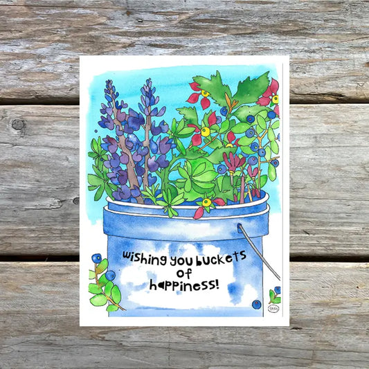 A colorful note card featuring a watercolor illustration of multiple hearts arranged in a larger circle, with a variety of colors including red, blue, green, and yellow.