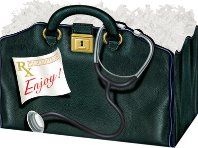Black doctor bag box with stethoscope, prescription label, and 'Enjoy!' text on a white background