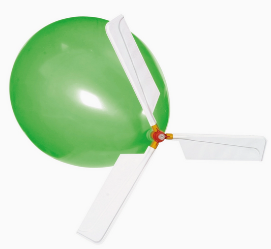 Playground Classics Balloon Helicopter product packaging showing a white plastic helicopter attached to a latex balloon, with a peggable blister packet and warning label visible.