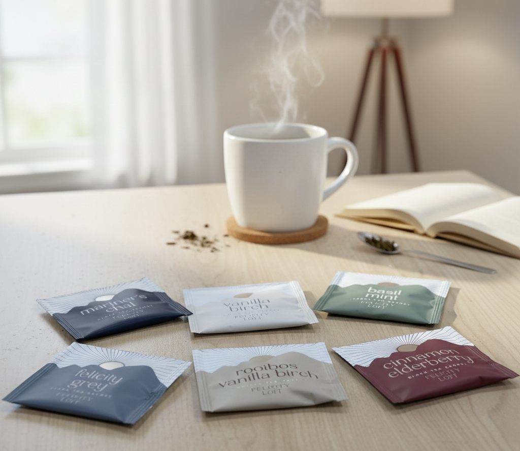 Tea bags on a table with a steaming mug in the background