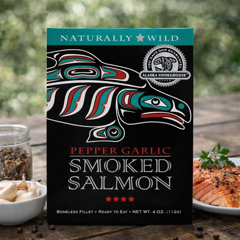 Naturally Wild Alaska Smokehouse pepper garlic smoked salmon packaging on a wooden surface with ingredients.