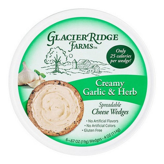 Glacier Ridge Farms Creamy Garlic & Herb spreadable cheese wedges in a round package, showcasing 25-calorie, gluten-free wedges with garlic, herbs, and cheese-topped crackers displayed.