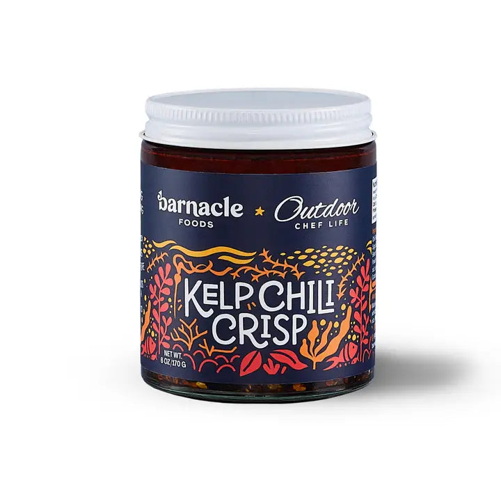 Jar of Kelp Chili Crisp by barnacle foods on a white background