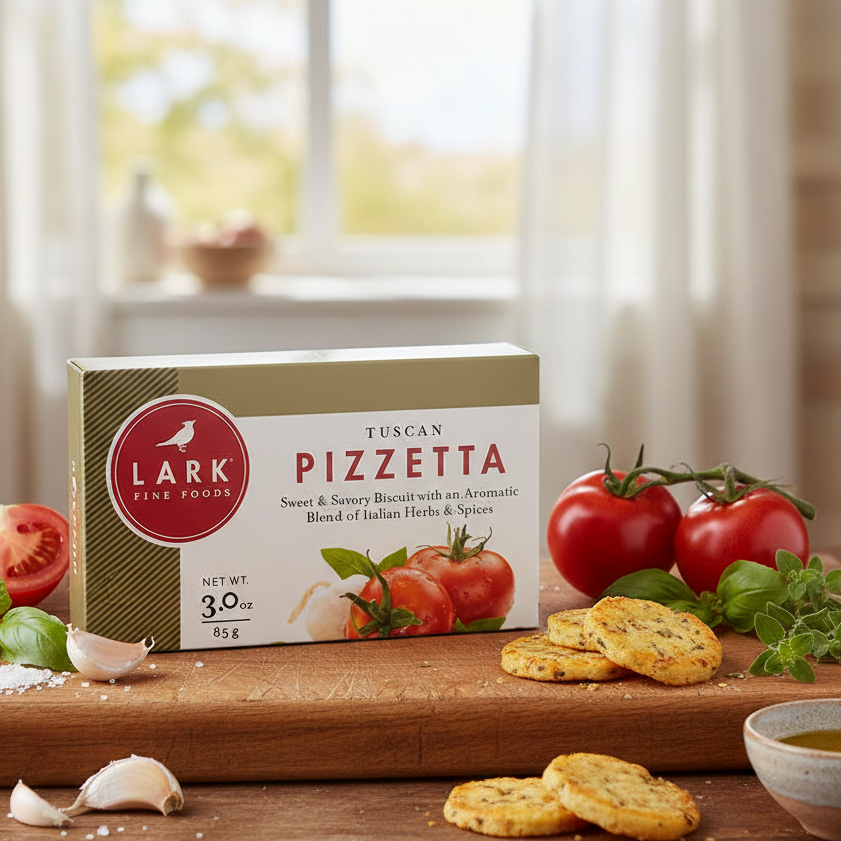 Box of Lark Tuscan Pizzetta with tomatoes and basil on a wooden board.