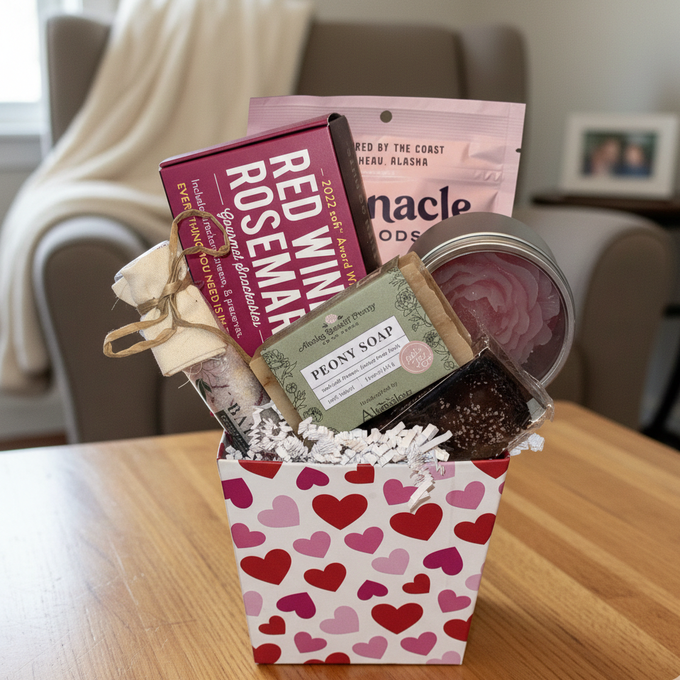 Peony Valentine Gift Box on table, featuring Peony Soap, rose-shaped candle, muslin bundle, seasoning, scrub bar, and Pinnacle Foods snack for a pampering experience.