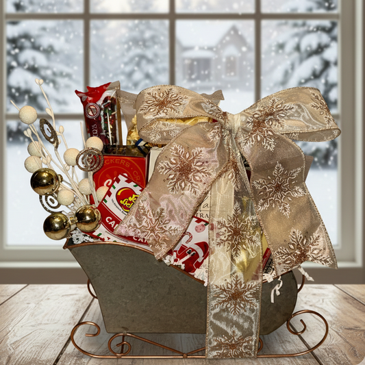 Decorative gift basket with a large bow in front of a snowy window