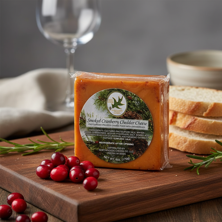 Block of Smoke of Cranberry Cheddar Cheese on a wooden board with cranberries and bread in the background.