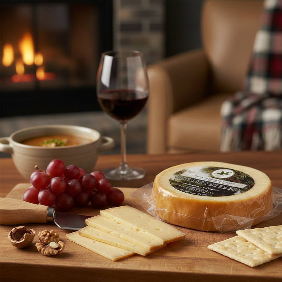 Cheeseboard with cheese, crackers, grapes, and a glass of red wine on a wooden table with a fireplace in the background.