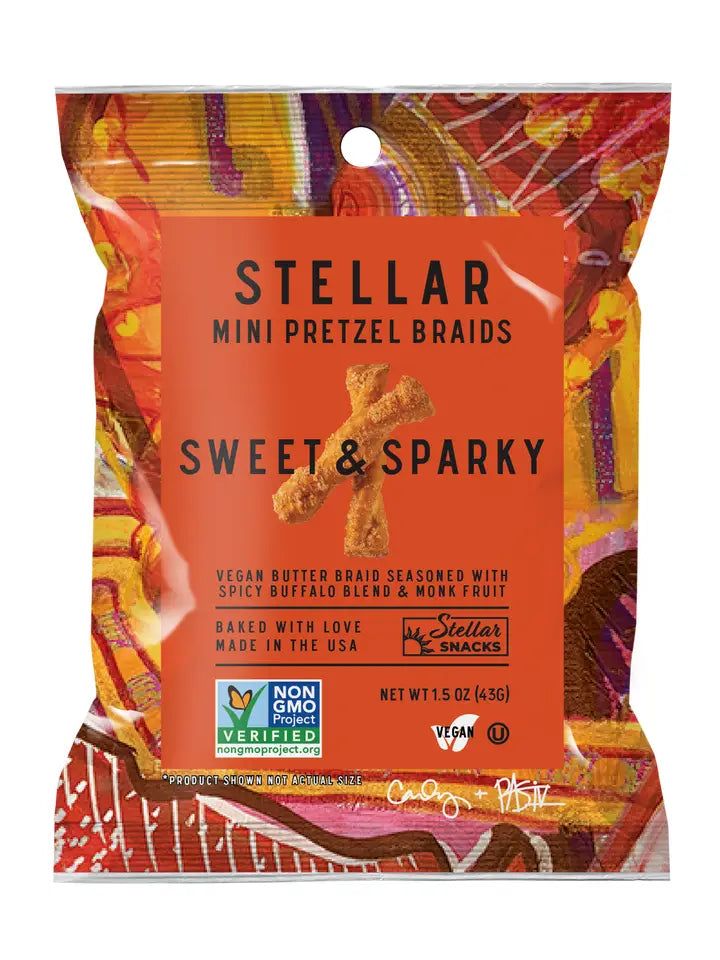 Packaging of Stellar Mini Pretzel Breads with colorful design and text on an orange background