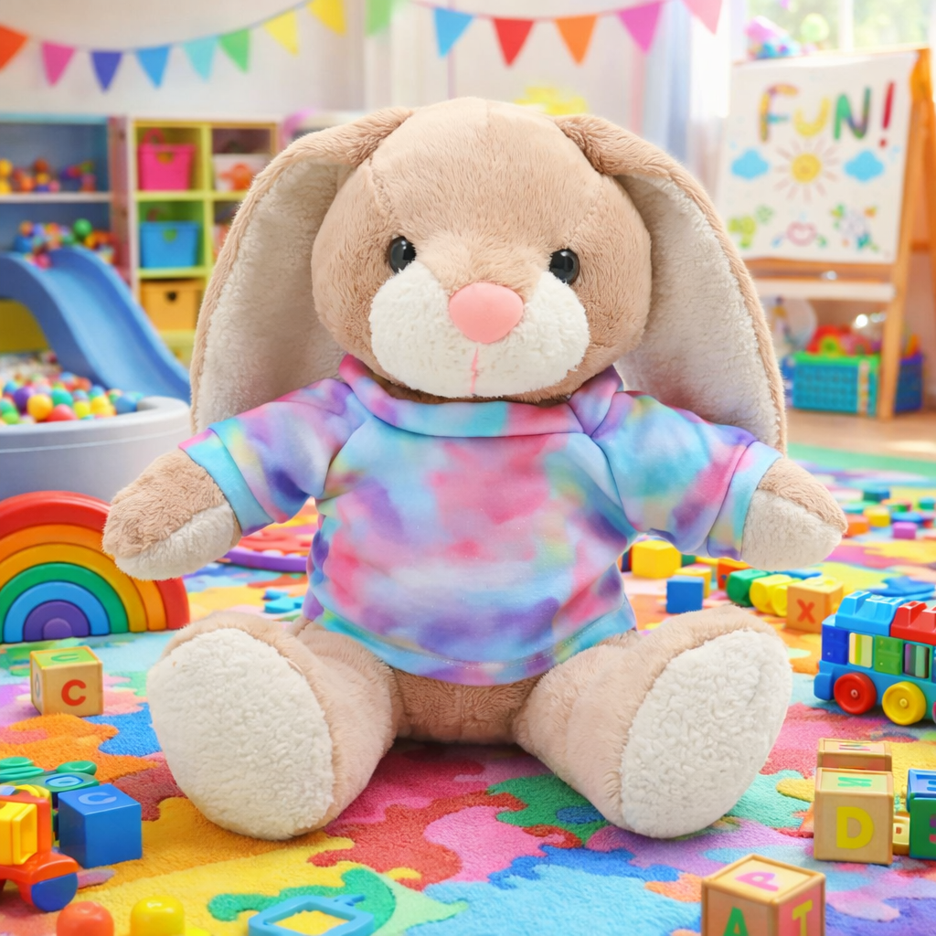 Plush bunny toy in a colorful room with toys and a rainbow.