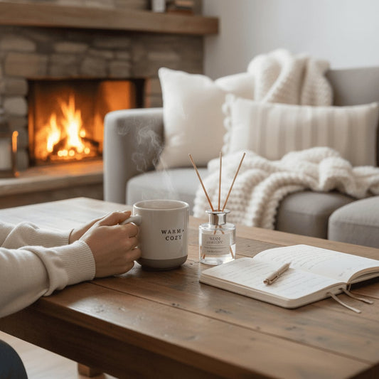 Person holding a mug with a fireplace and cozy living room in the background