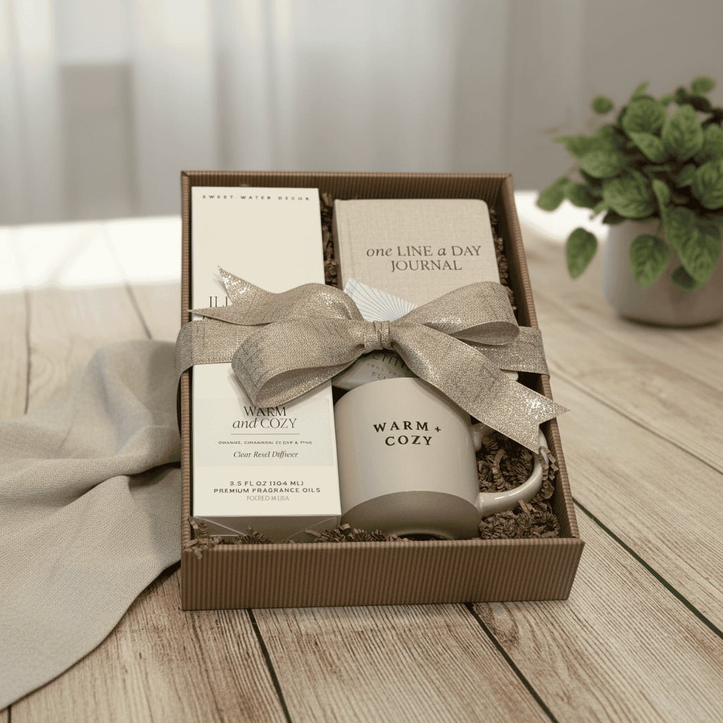 Gift set with mug, diffuser, and journal in a box on a wooden surface.