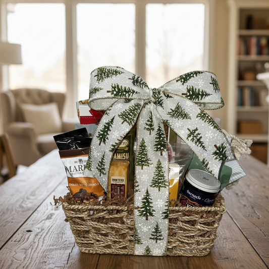 Gift basket with a decorative bow on a wooden table in a living room setting.