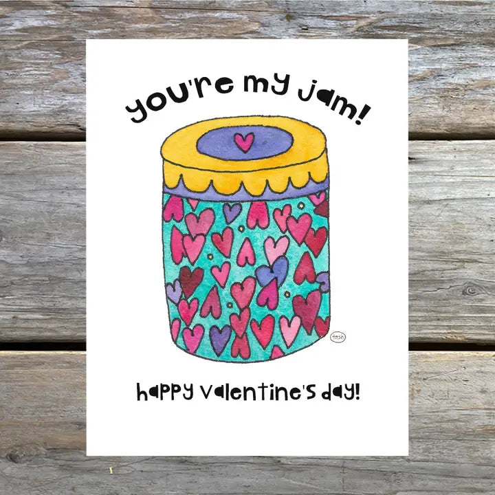 Valentine's Day card featuring a whimsical jam jar with hearts, reading you're my jam! by Natasha Zahn. Part of her vibrant Alaskan-inspired note cards.