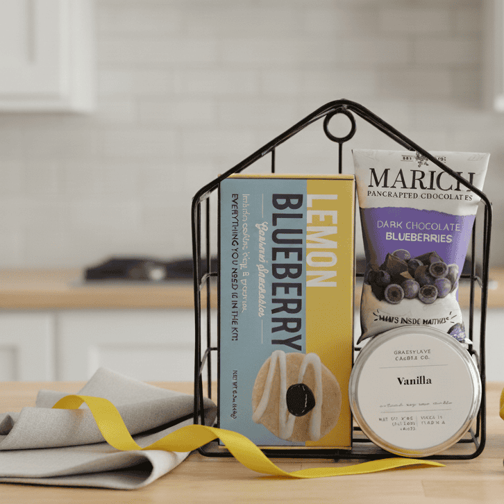 Kitchen counter with lemon blueberry snack package, Marich chocolate, and vanilla product.