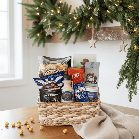 Gift basket with snacks and drinks on a table with Christmas decorations in the background. Gift Basket Alaska