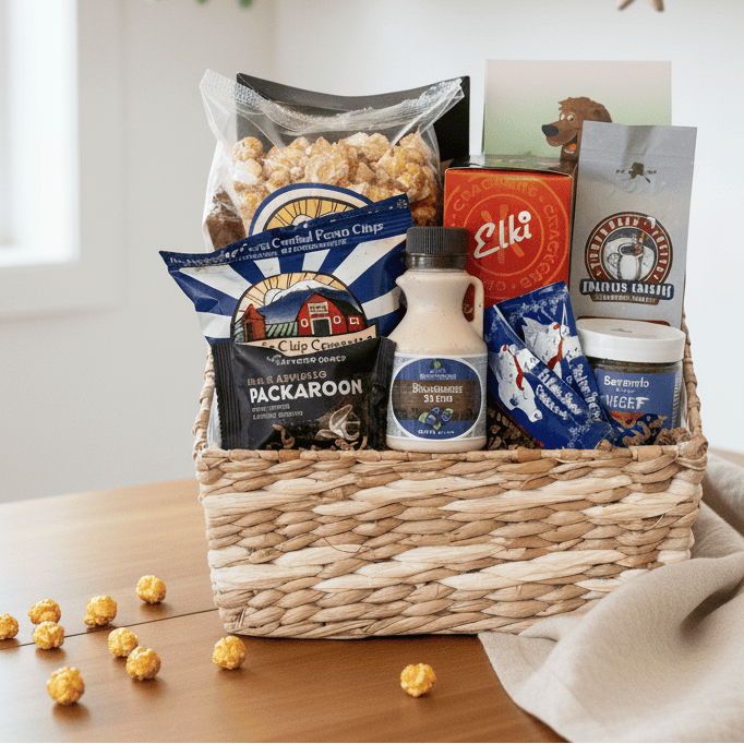 Gift basket with snacks and drinks on a table with Christmas decorations in the background. Gift Basket Alaska