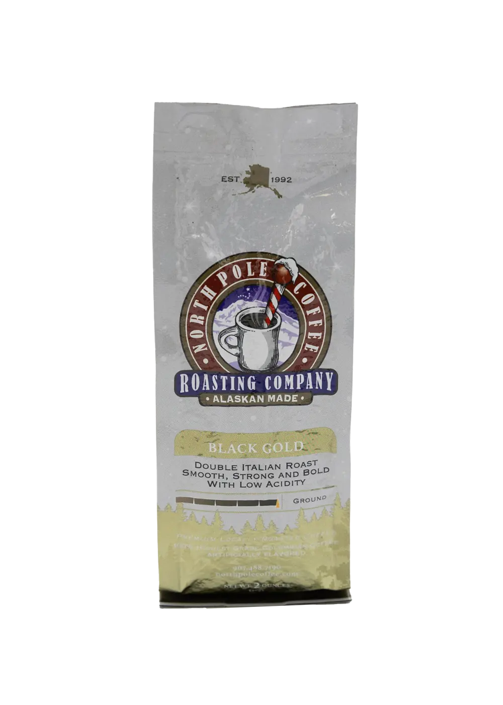 A package of North Pole Blend coffee by The Roasting Company with a white and red design, featuring an image of a polar bear and a pine tree.