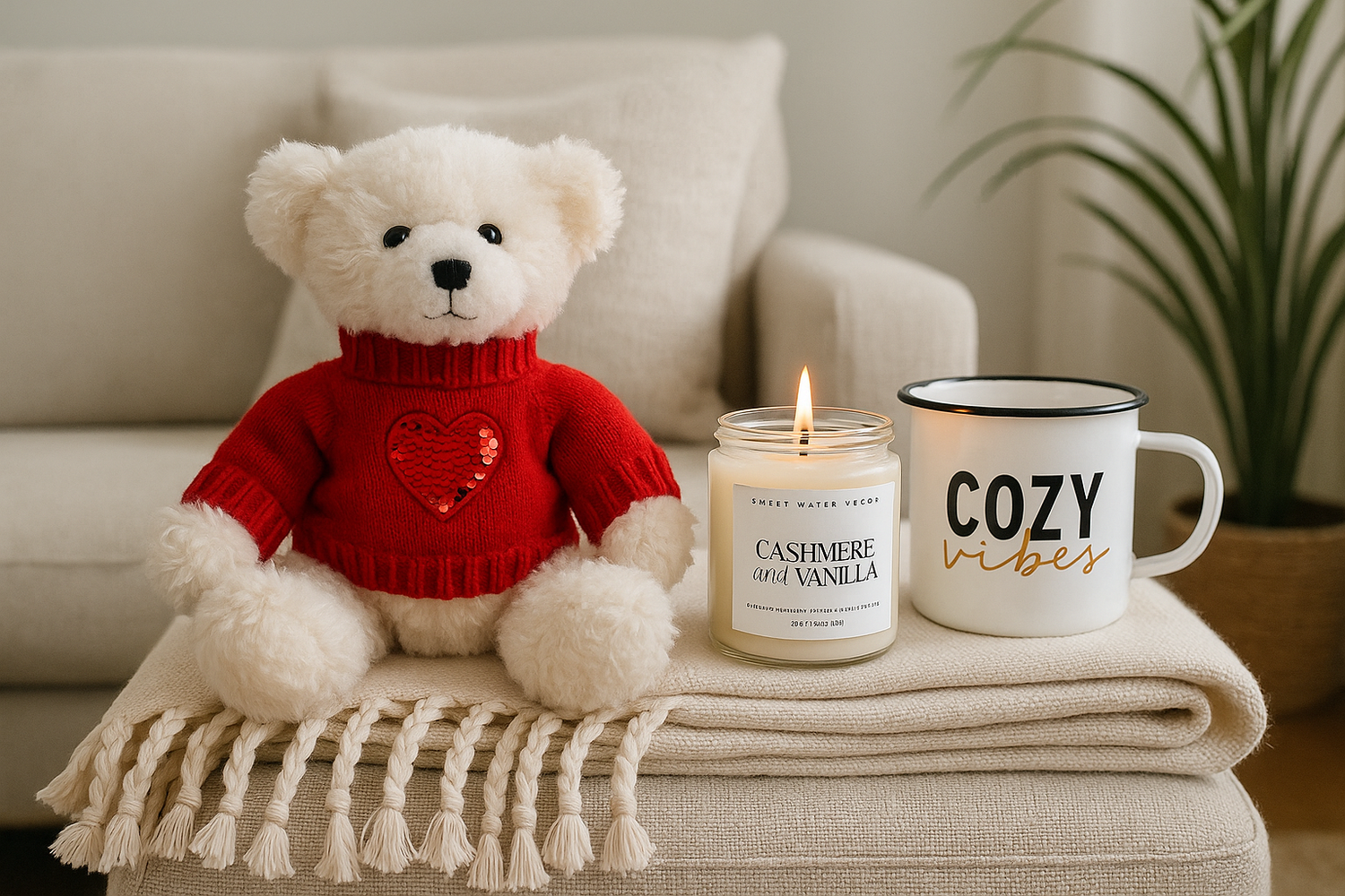 Luxurious throw, candle, teddy bear, and mug