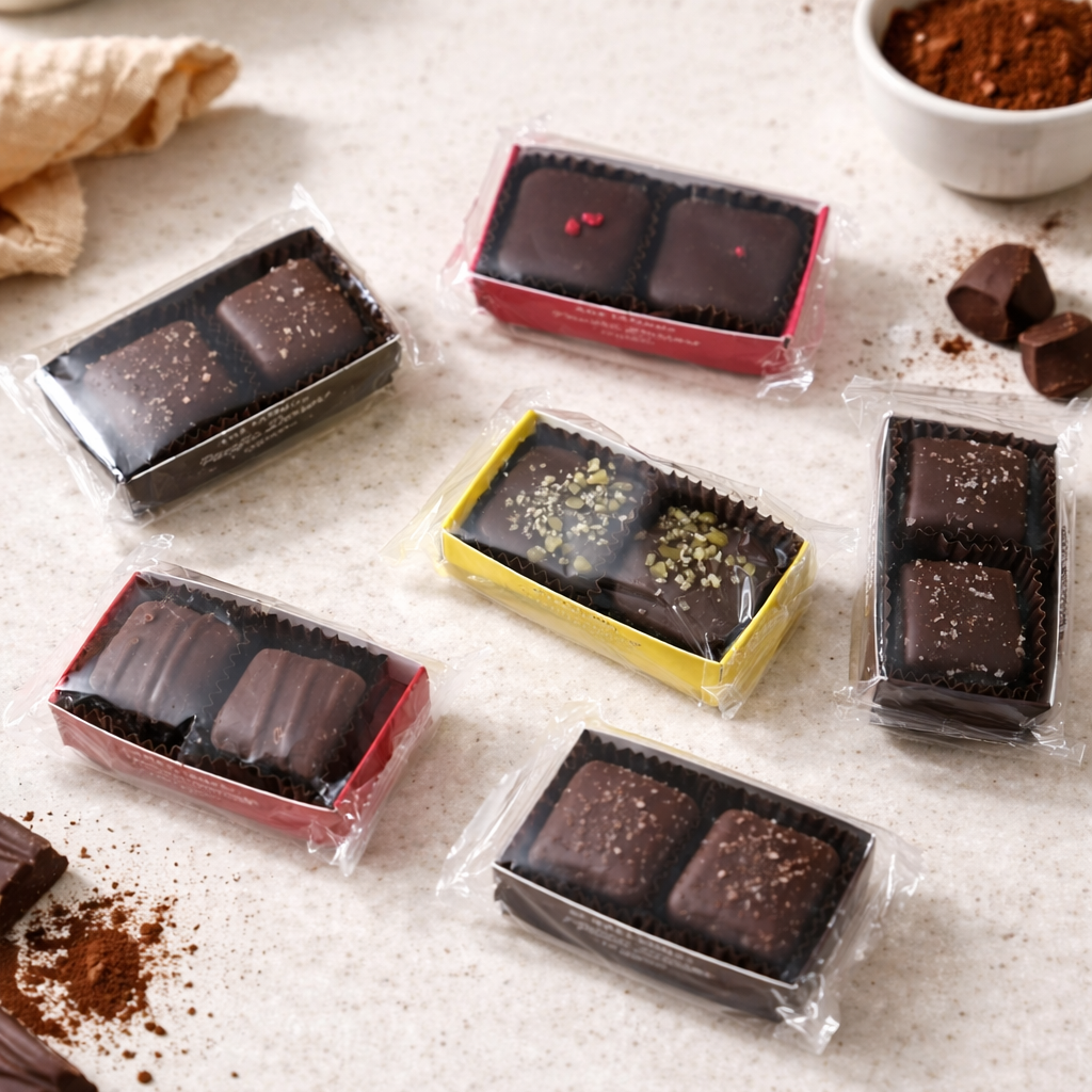 Assorted chocolate truffles in clear packaging on a textured surface with cocoa powder.