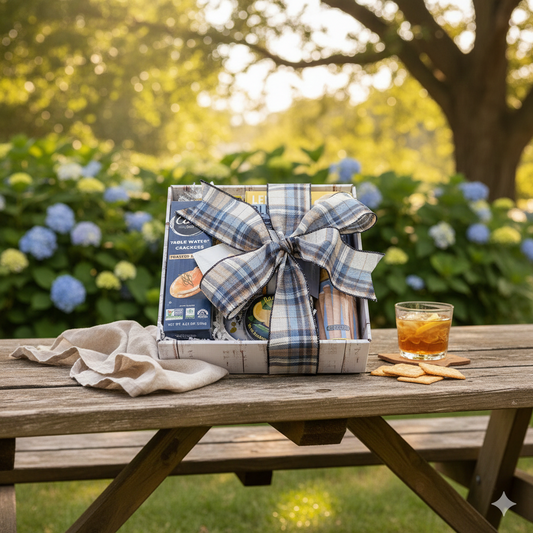 Afternoon Delights Gift Box on a wooden table, featuring table water crackers, cheese spread, and grissini, wrapped with a blue-gray plaid ribbon.