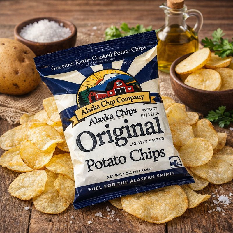 Alaska Chips Original Potato Chips packet with chips and ingredients on a wooden surface