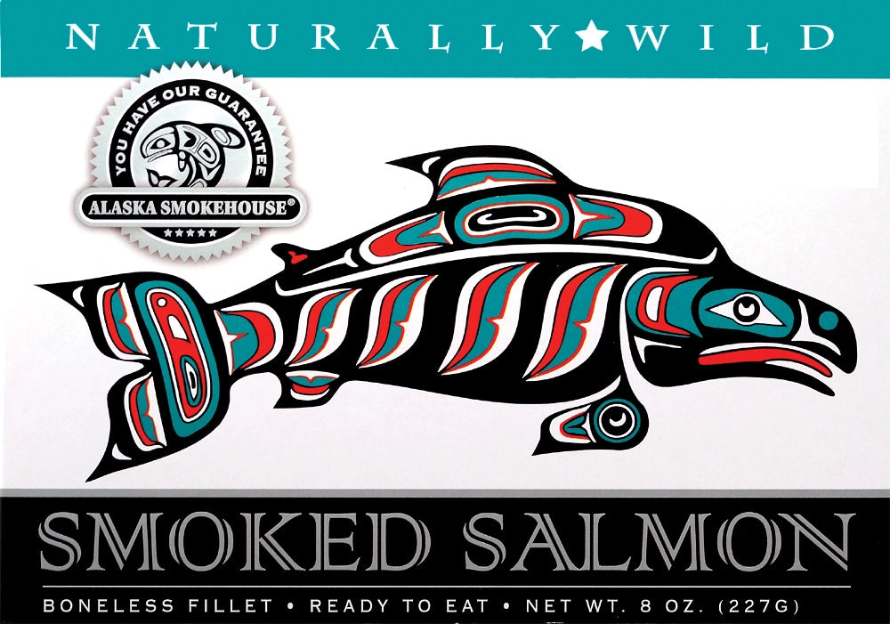 Packaging for Alaska Smokehouse Smoked Salmon featuring a graphic of a salmon with geometric patterns and a label stating 'NATURALLY WILD SMOKED SALMON BONELESS FILLET ready to eat NET WT. 8 oz (227g)'.
