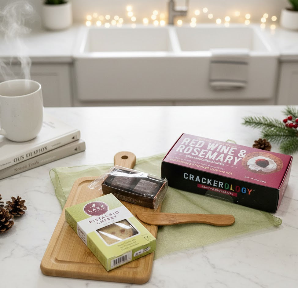 Artisan Bites Gift Set featuring Lark Pistachio Cherry crackers, chocolate bites on bamboo board, with Crackerology kit and festive kitchen backdrop. Perfect gourmet gift.