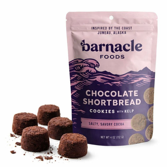 Barnacle Foods chocolate shortbread cookies with kelp packaging on a white background