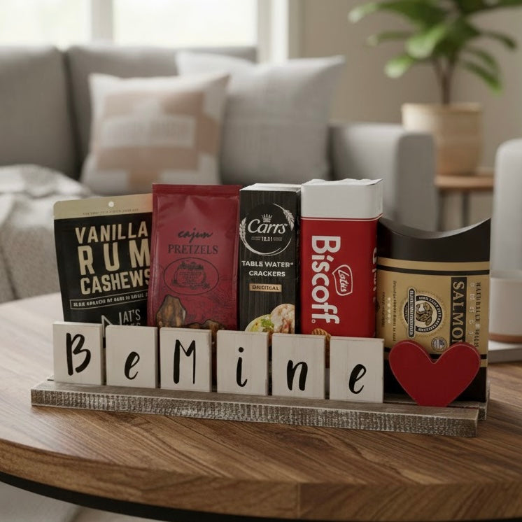 Assorted snack packages on a table with 'Be Mine' sign