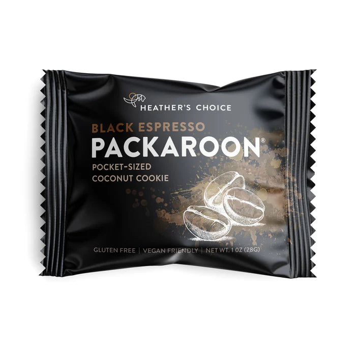 Heather's Choice Packaroon, a pocket-sized, gluten-free, vegan coconut cookie in Black Espresso flavor, wrapped in a 1 oz pack with coconut sketch.