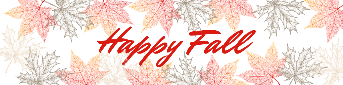 Autumn-themed banner with 'Happy Fall' text and colorful leaves on a white background