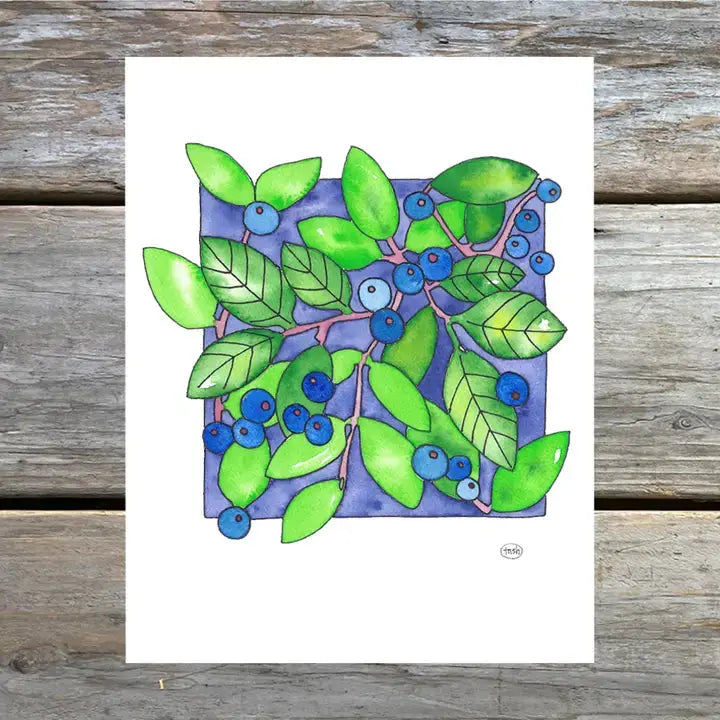 A colorful note card featuring a watercolor illustration of blueberries