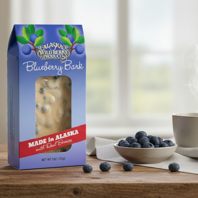 Blueberry Bark box with visible blueberry-studded candy, surrounded by fresh blueberries, a steaming beverage, and a napkin on a wooden tabletop.