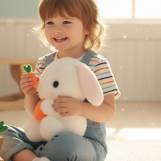 Child holding a plush bunny and carrot toy with a blurred background