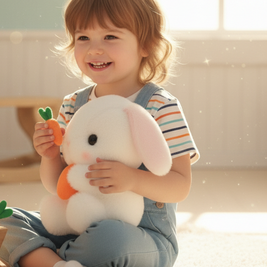Child holding a plush bunny and carrot toy with a blurred background