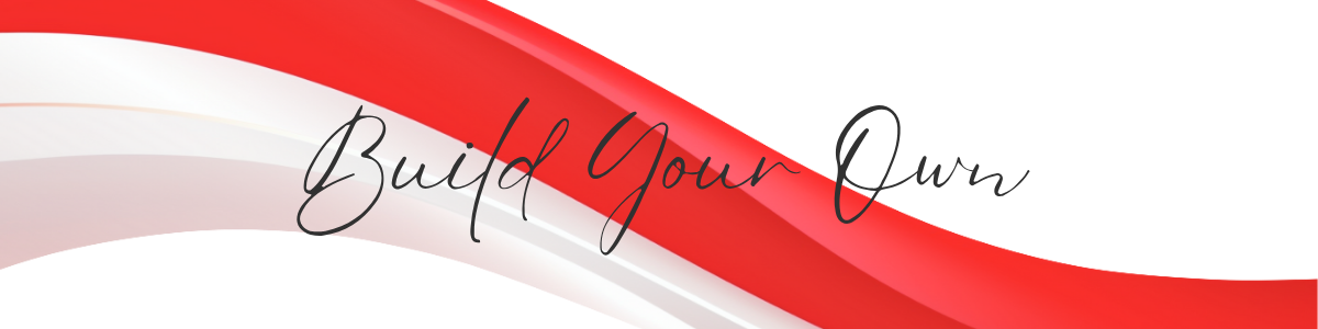 Decorative banner with 'Build Your Own' text and red and white wavy lines on a white background