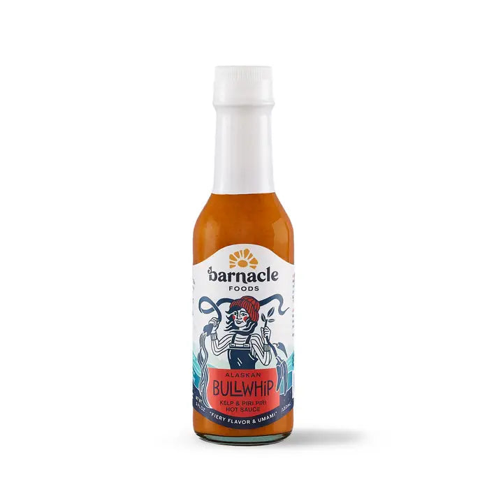 Bottle of Barnacle Foods Bullwhip hot sauce on a white background
