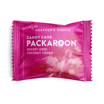 Heather's Choice Packaroons, a peppermint-flavored coconut snack, in bright pink packaging, highlighting its gluten-free, vegan-friendly nature, perfect for on-the-go snacking.