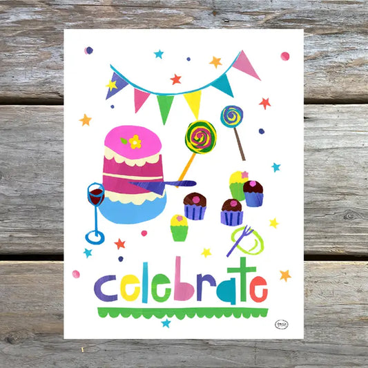 Note Cards By Natasha Zahn feature a festive cake, cupcakes, lollipops, and celebrate lettering, capturing Alaska's vibrant spirit in watercolor designs.