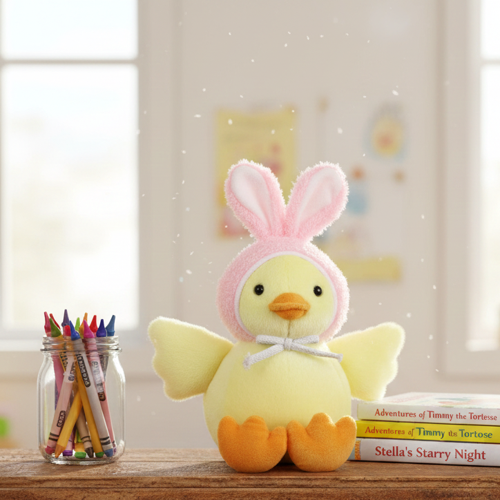 Plush toy with bunny ears on a wooden surface with crayons and books in the background