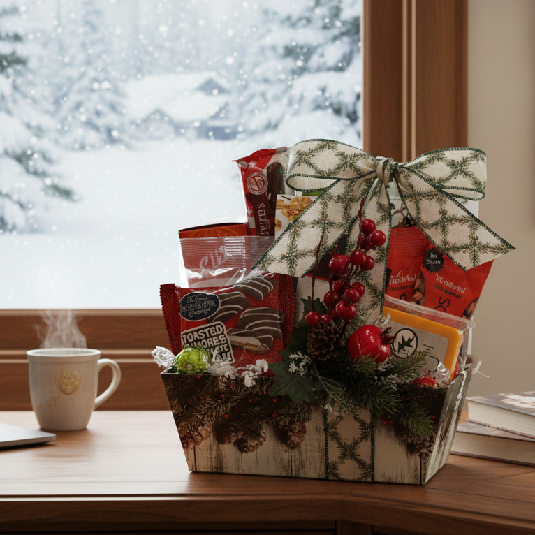 Gift basket with snacks and a bow on a table with a snowy window background