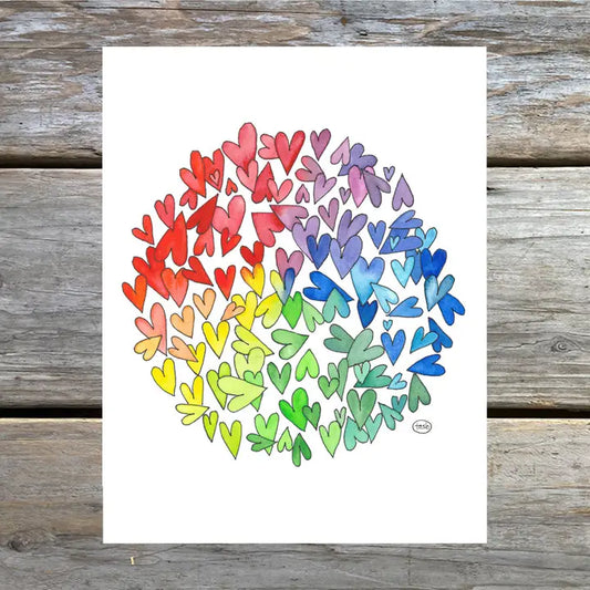 A colorful note card featuring a watercolor illustration of multiple hearts arranged in a larger circle, with a variety of colors including red, blue, green, and yellow.
