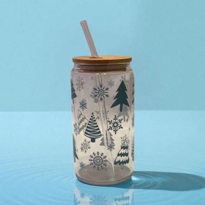 Clear tumbler with winter-themed design on a blue background