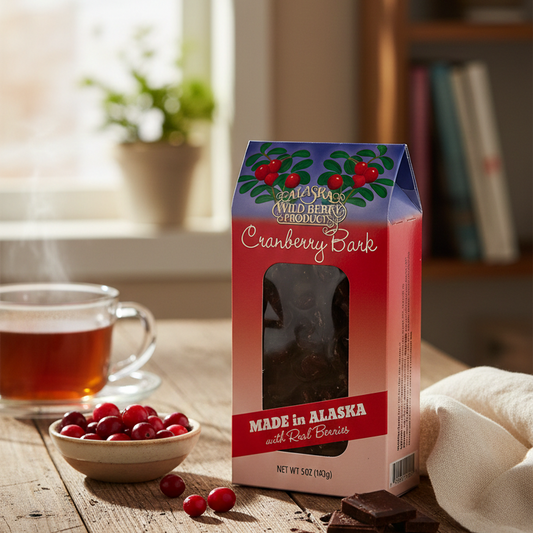 Box of Alaska Wild Berry Products Cranberry Bark on a table with fresh cranberries, bark pieces, and a cup of tea nearby.