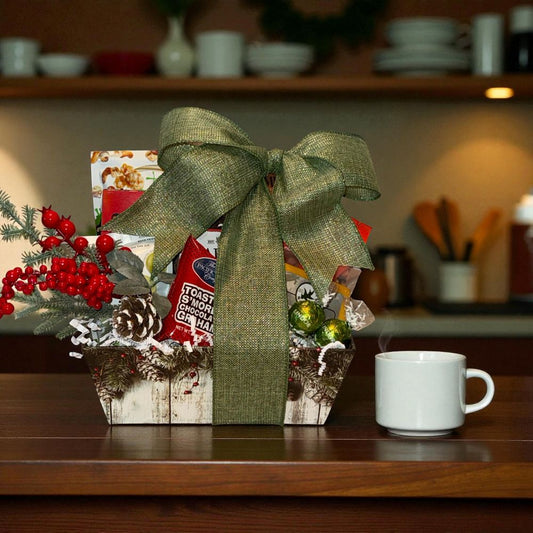 Gift basket with a green bow on a wooden surface, with a mug in the foreground.