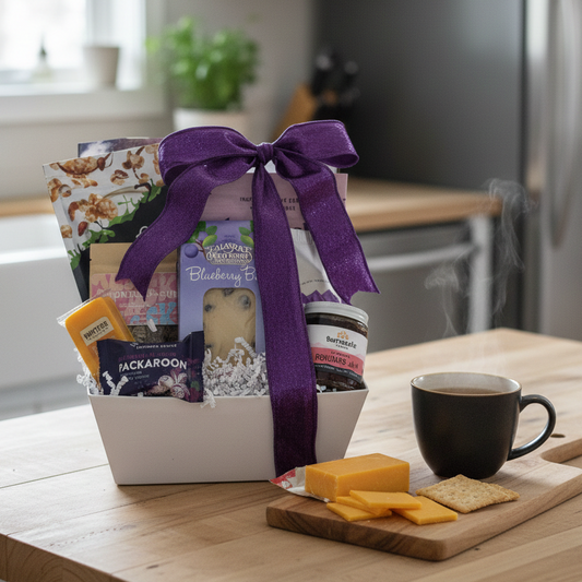 Delectable Delights Gift Basket: A white basket with a purple ribbon, containing gourmet treats like jam, cheese, cookies, and a blueberry item, with cheese and crackers nearby.